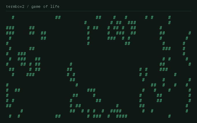 A twenty-second recording of green Game of Life cells evolving in a terminal.